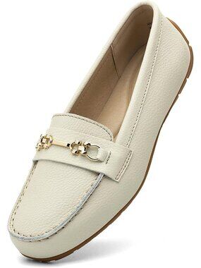 Women's Beige 100% Leather Round Toe Slip On Business Casual Dress Shoe